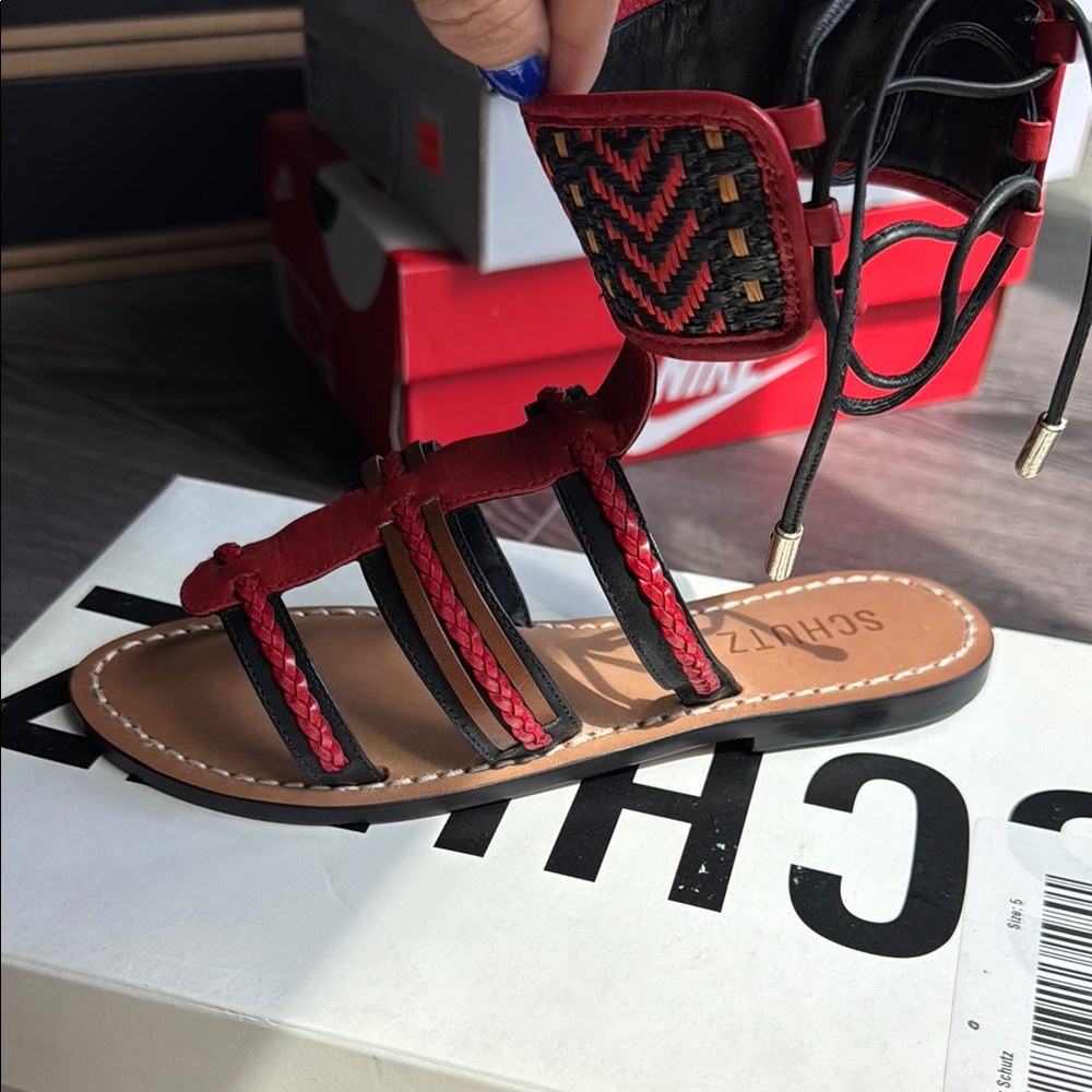 SCHUTZ Red and Black Gladiator Sandals